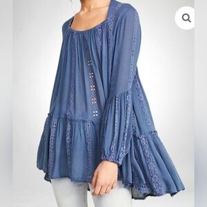Free People Denim Blue Lace-Trim Tunic Top